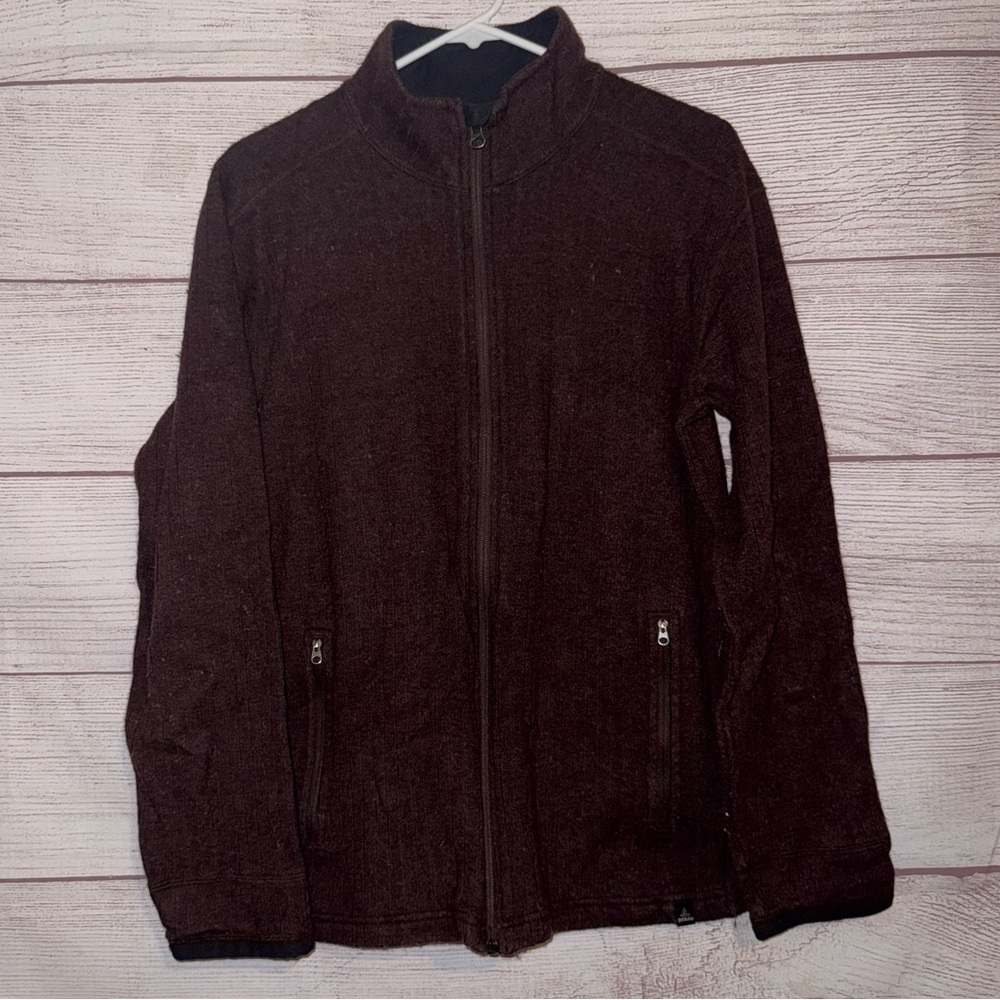 Prana Breathe Sweater Mens Large Wool Blend Ribbed Brown/Matoon Full-Zip Sweater